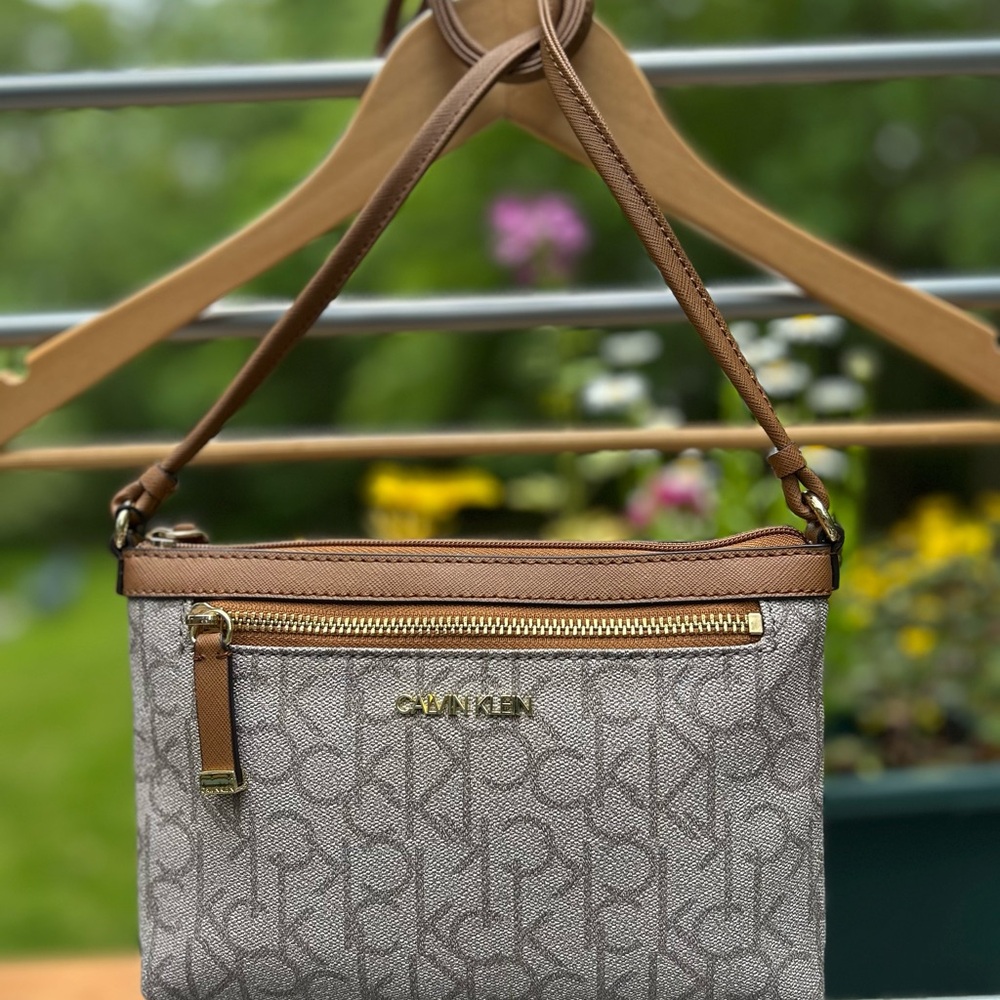 Calvin Klein Tan and Cream Logo Crossbody Bag with Signature Style
